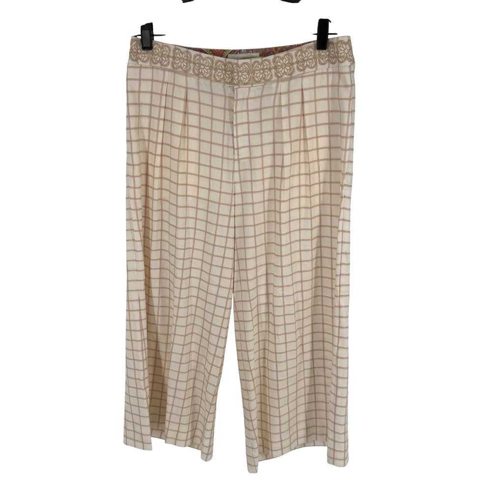 Elevenses Anthropologie Wide Leg Trousers‎ Size 10 Windowpane Embroidered Linen